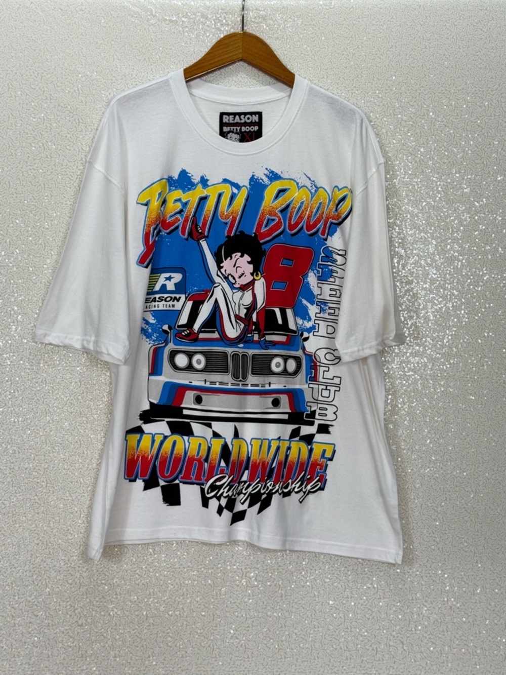 Reason Betty Boop Graphic Tee XL White Racing Car Worldwide Championship Y2K - Picture 7 of 8